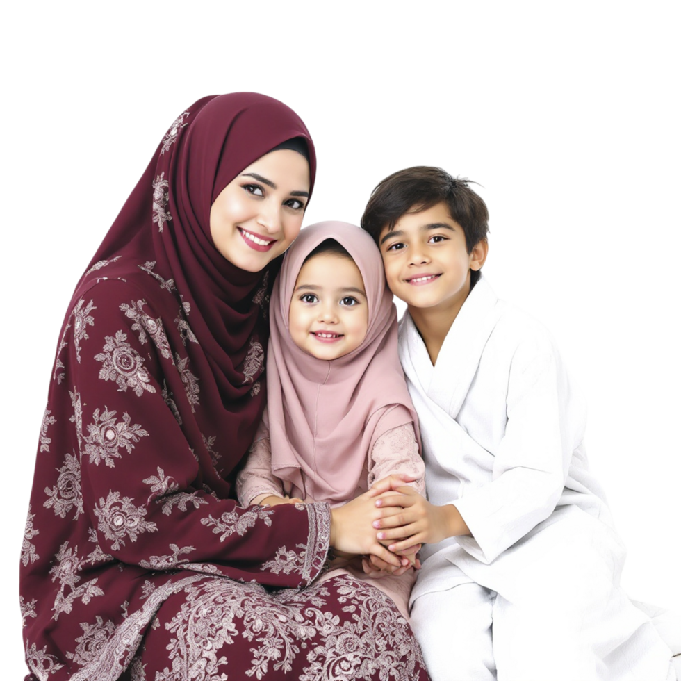 A woman and two children in hijab pose for a photo png