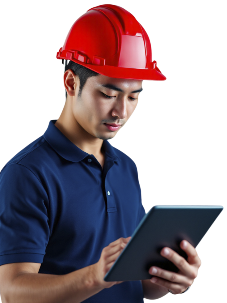 Asian man in hard hat using tablet computer png