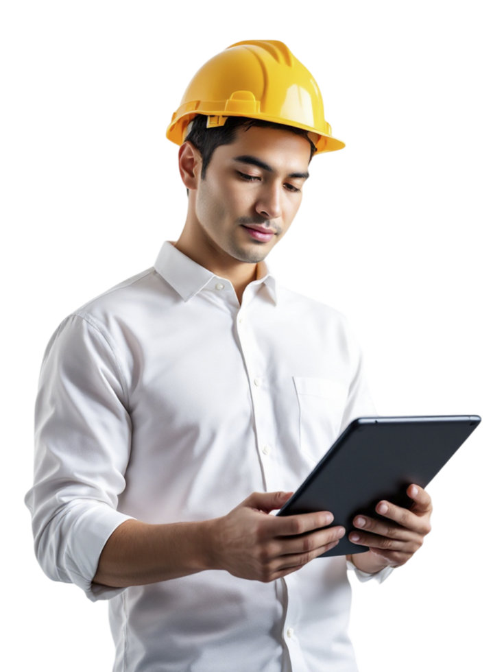 Asian man in hard hat holding tablet computer png