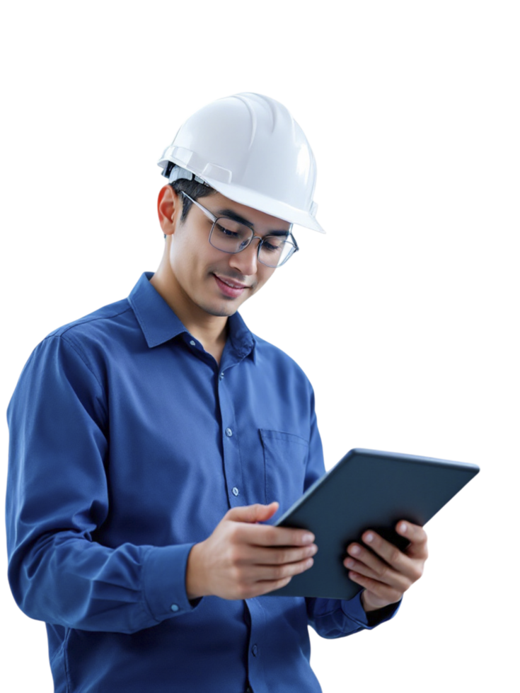 Asian man in hard hat and glasses using tablet computer png