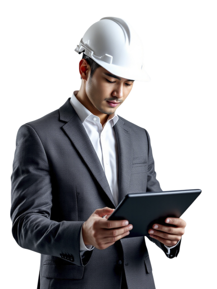 Asian man in suit and hard hat holding tablet computer png