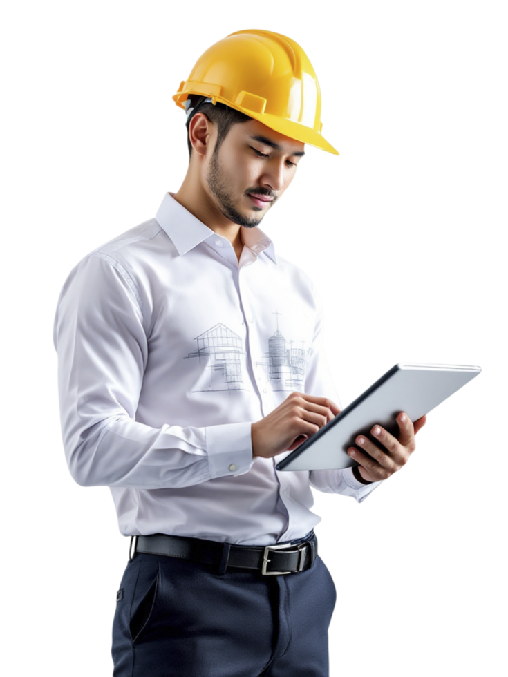 A man in a hard hat and shirt holding a tablet png