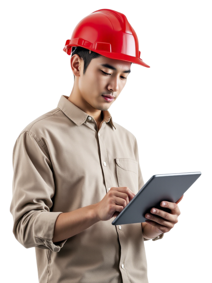 Asian man in hard hat using tablet computer png