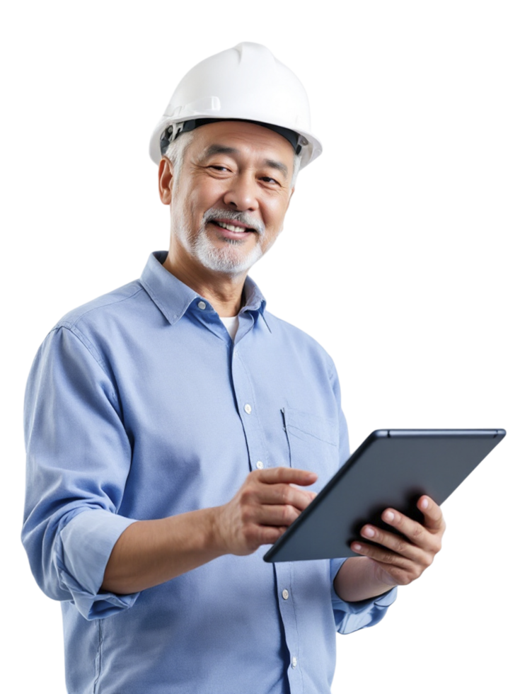 Asian man in hard hat holding tablet computer png