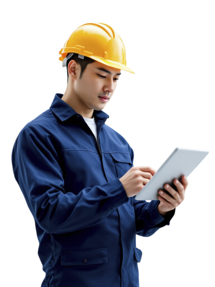 Asian man in hard hat and blue overalls using tablet computer png