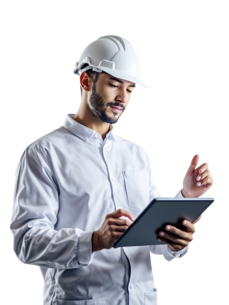 A man in a white hard hat holding a tablet computer png