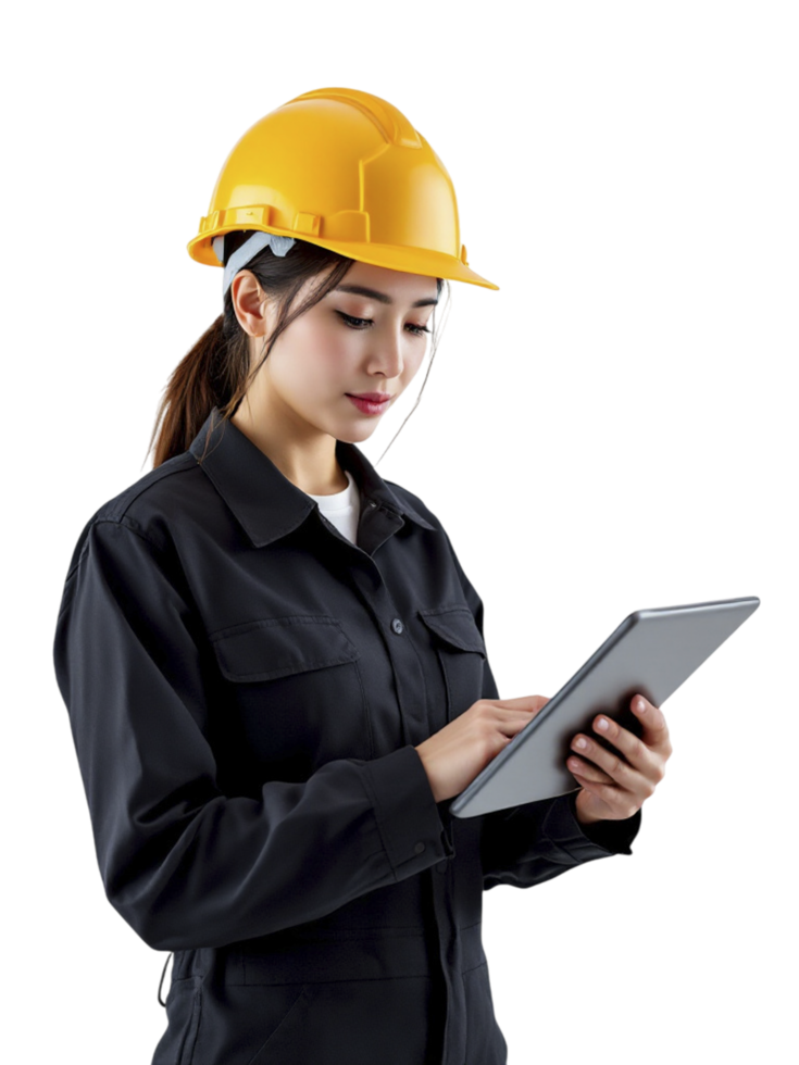 Asian woman in hard hat using tablet computer png