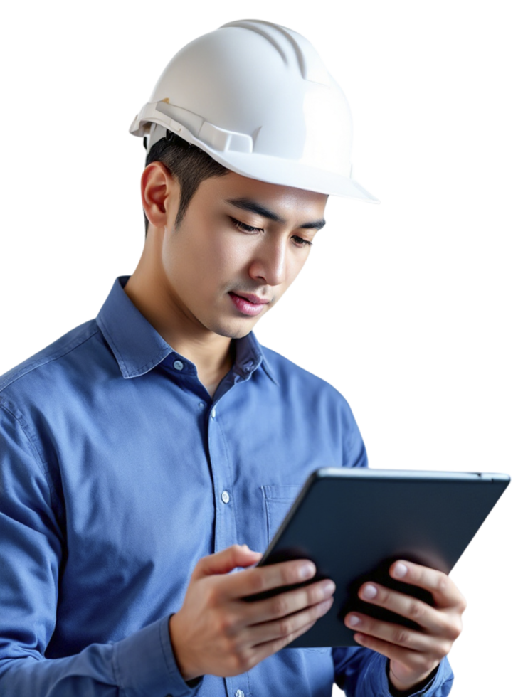 Asian man in hard hat using tablet computer png