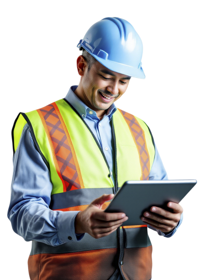 A man in a safety vest holding a tablet computer png