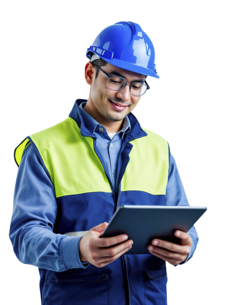 Asian man in hard hat and safety vest holding tablet computer png