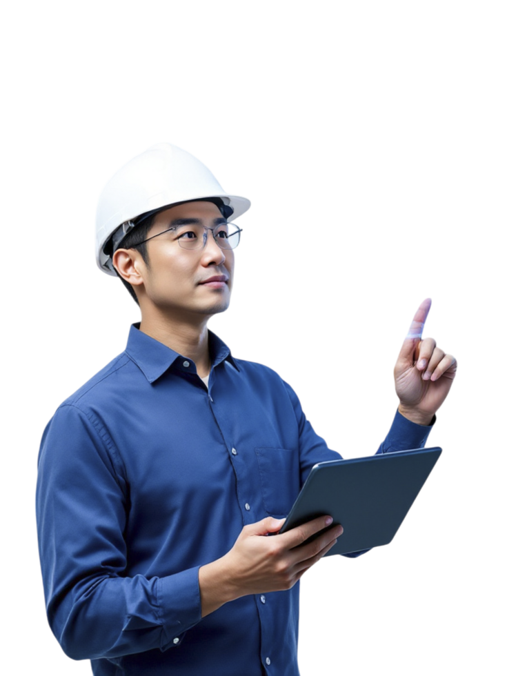 Asian engineer holding tablet computer and pointing at something png