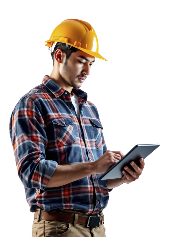 A man in a hard hat and plaid shirt holding a tablet computer png
