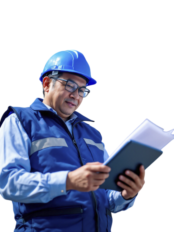 A man in a hard hat and blue vest holding a tablet png