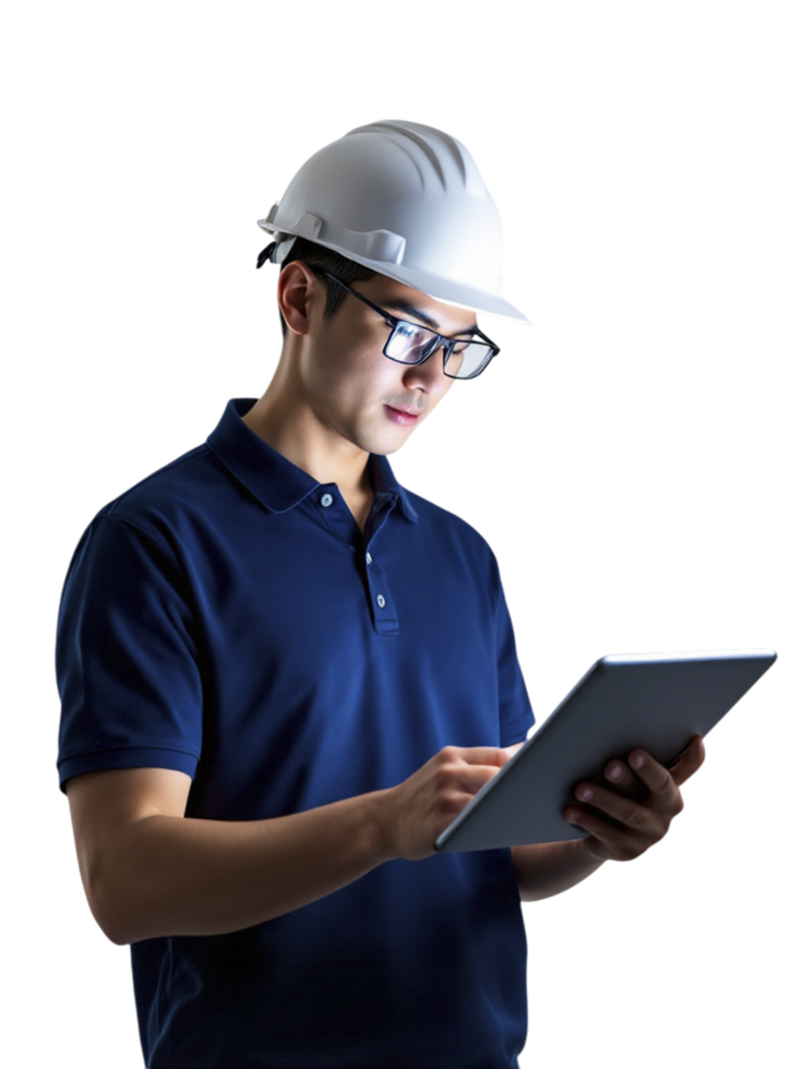 A man in a hard hat and glasses using a tablet png