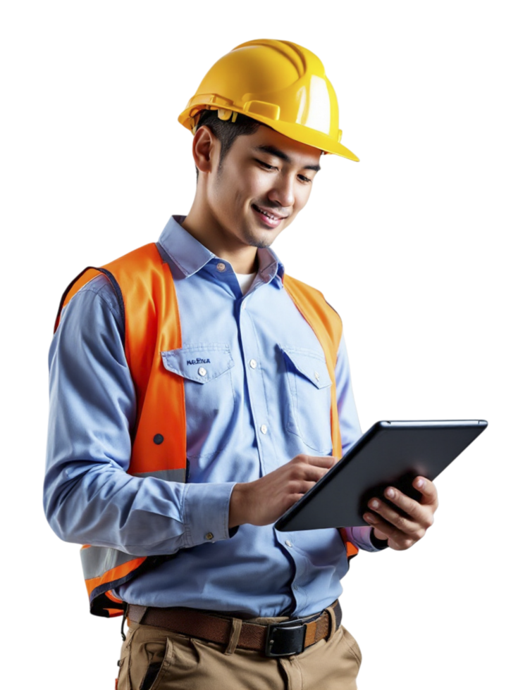Asian man in hard hat holding tablet computer png