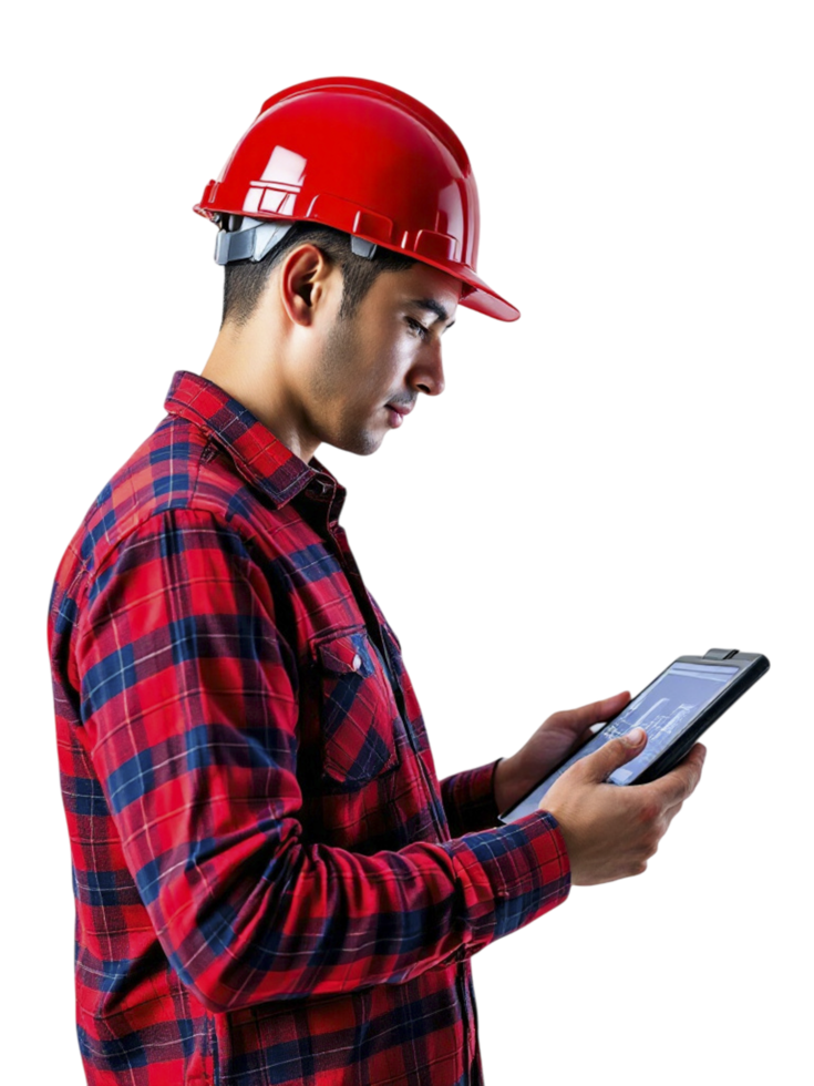 A man in a hard hat and plaid shirt holding a tablet png