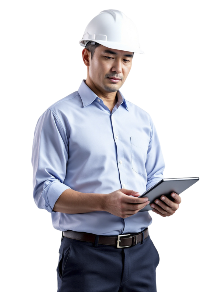 A man in a hard hat holding a tablet computer png