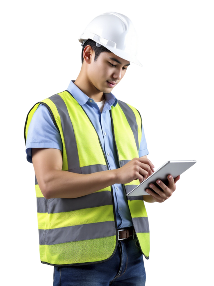 A man in a safety vest holding a tablet computer png