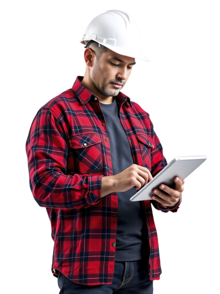 A man in a hard hat and plaid shirt is using a tablet png