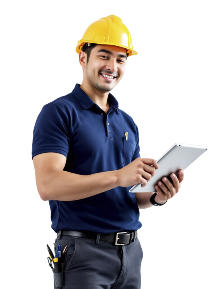 A man in a hard hat holding a tablet computer png