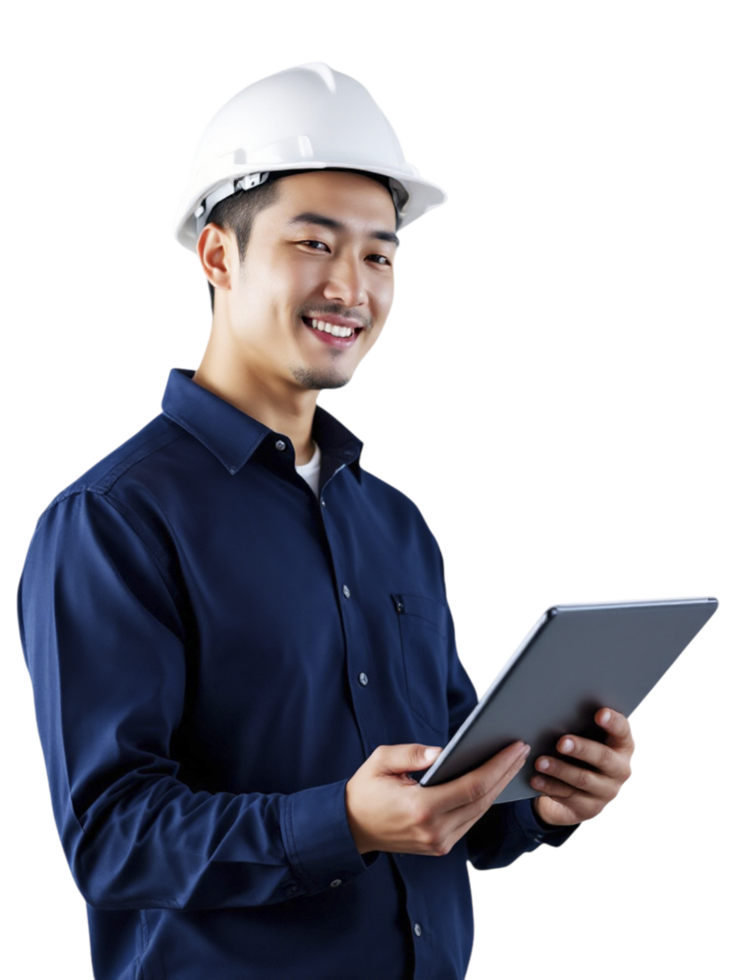 Asian man in hard hat holding tablet computer png