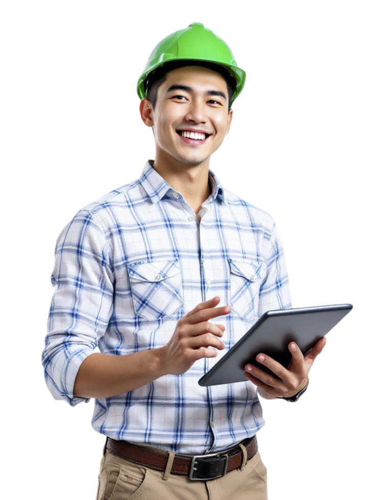 Asian man in hard hat holding tablet computer png