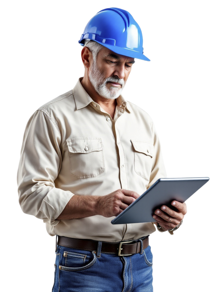 An older man in a hard hat and blue helmet holding a tablet png