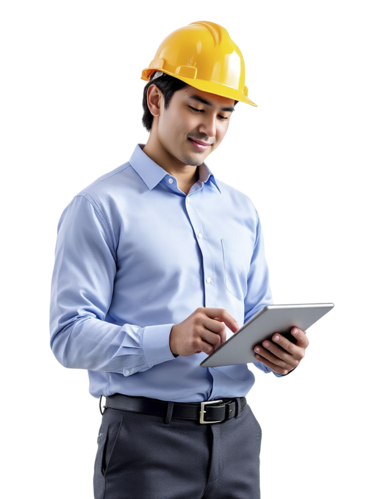 A man in a hard hat holding a tablet computer png