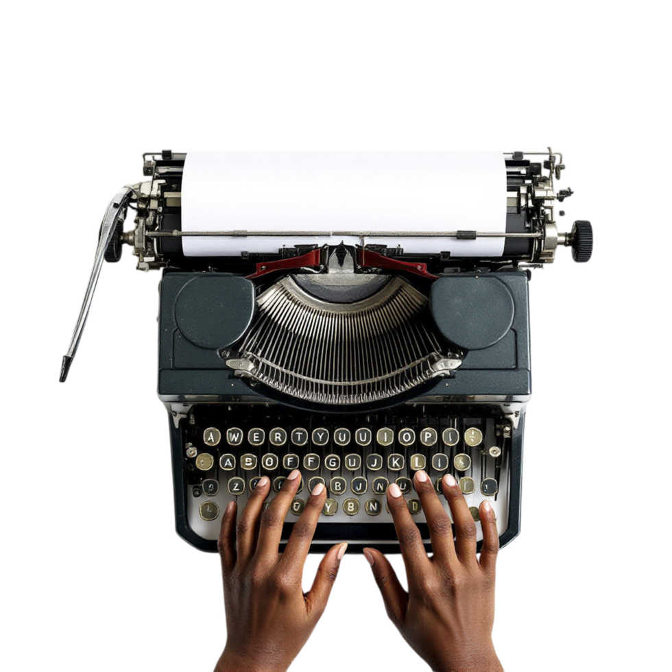 Hands typing on an old typewriter png
