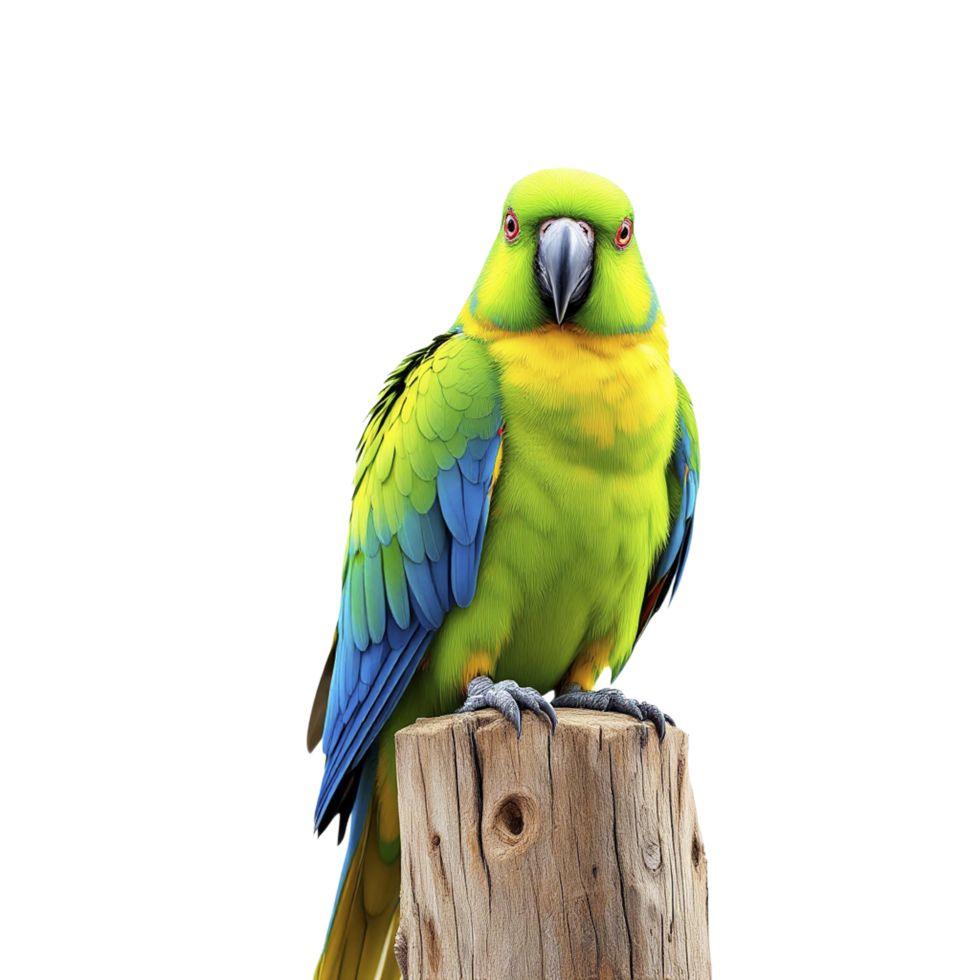 A green and blue parrot sitting on a wooden post png