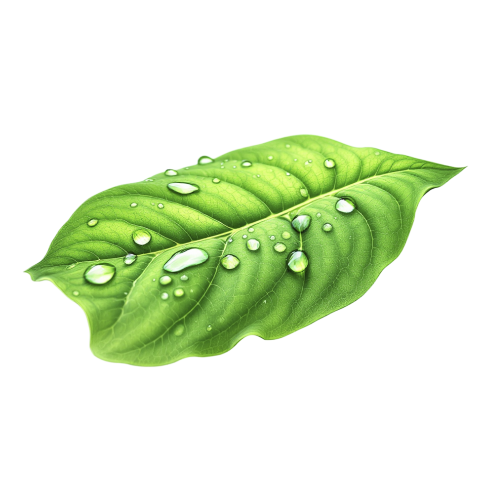 A green leaf with water droplets on it png