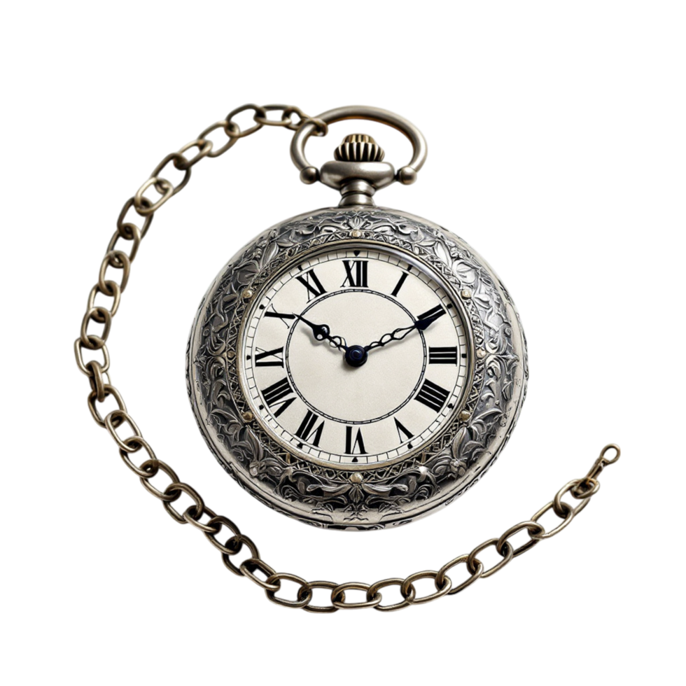 An old pocket watch with chain and roman numerals png