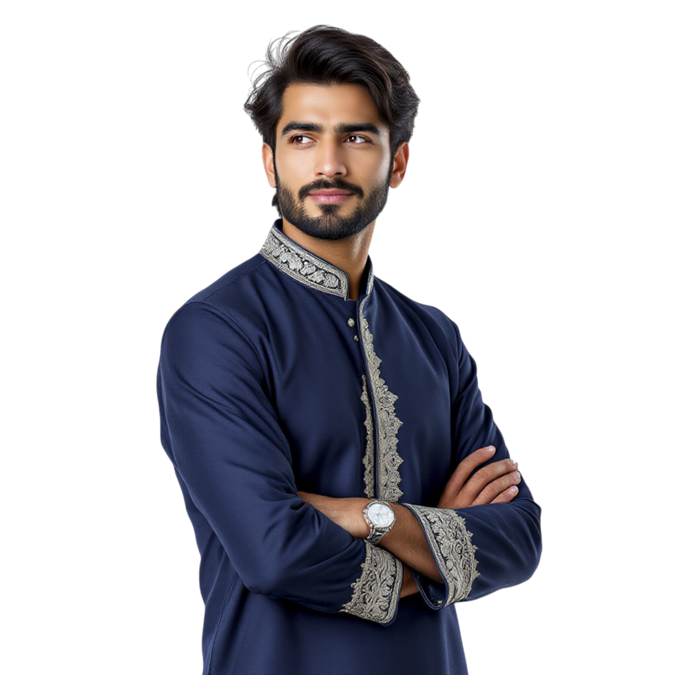 A man in a blue kurta with embroidered details png