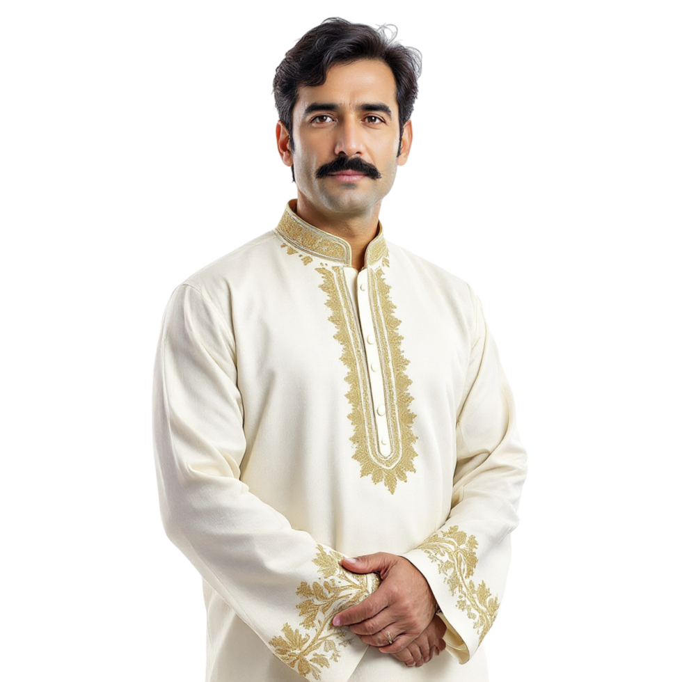 A man in a white and gold kurta png