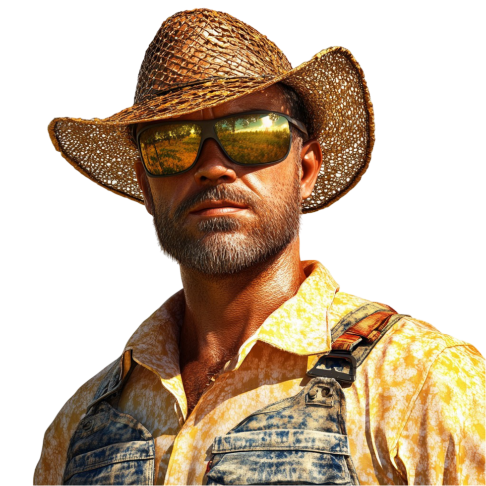 Man in Cowboy Hat Wearing Plaid Shirt and Glasses png