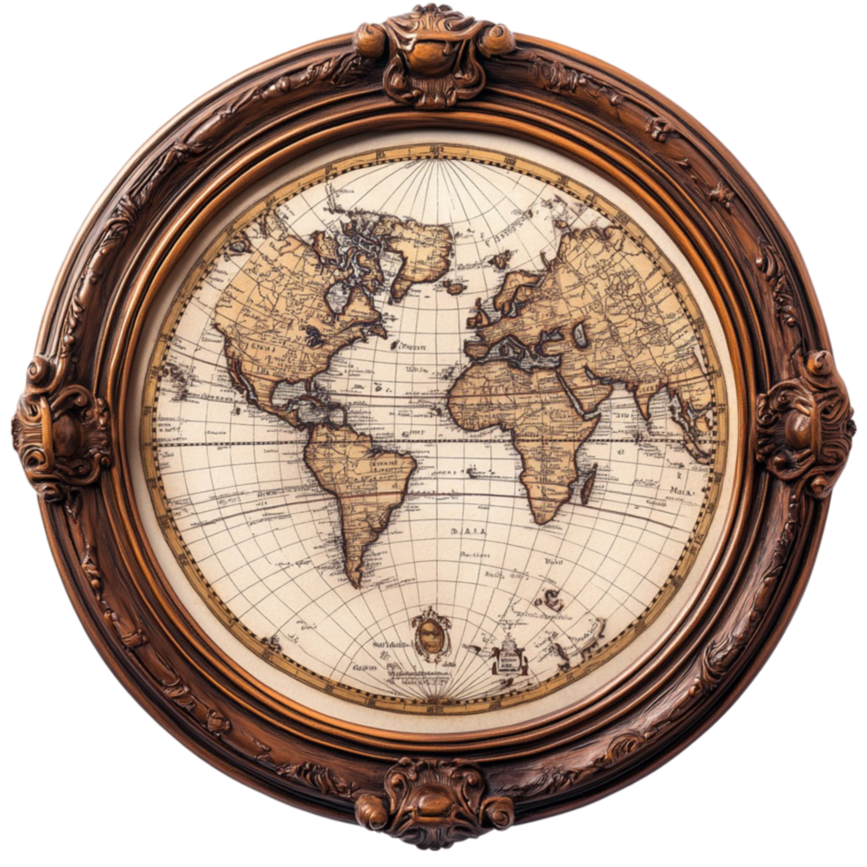 Vintage World Map in Round Wooden Frame png