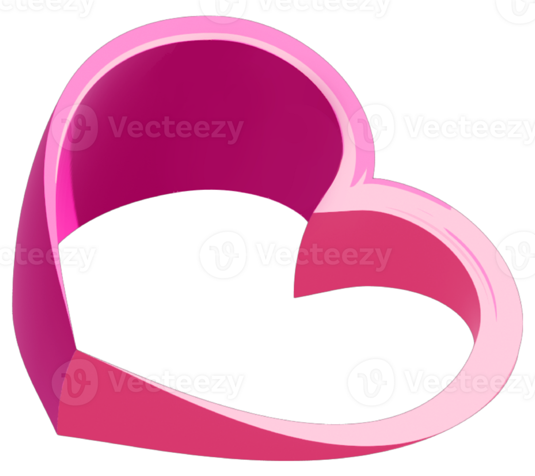 3D heart shape. Gradient pink hues. Glossy finish. Open center. Angled perspective. Light reflection. Modern design. Simple form. Isolated object. Three-dimensional effect. png