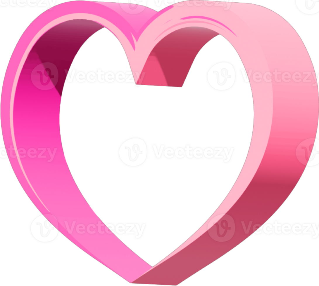 3D heart shape. Pink gradient tones. Glossy surface. Rounded edges. Open center. Perspective view. Isolated object. Light reflection. Modern design. Simple form. png