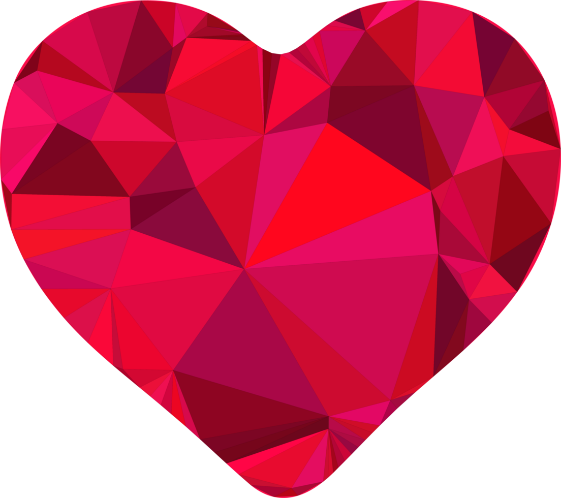Geometric heart. Faceted gemstone. Ruby red tones. Triangular pattern. Crystal structure. Sharp edges. Light reflection. Dark shadow. Isolated object. png
