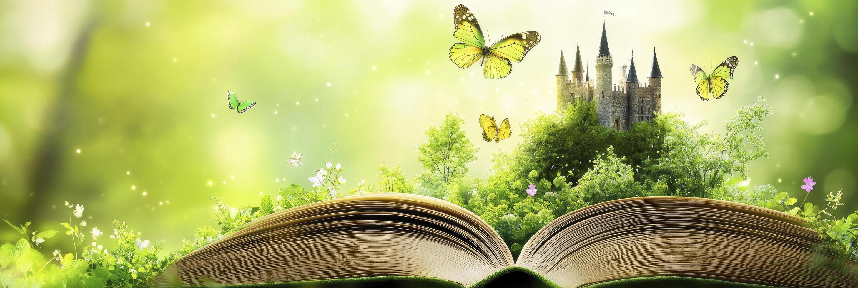 An open book with a castle in the middle of a green field with butterflies flying around it photo