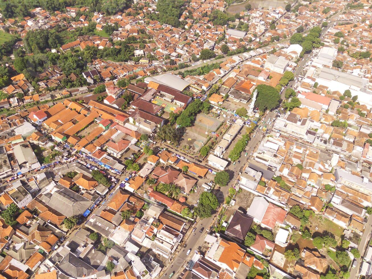 Aerial Landscape. Cicalengka is a district in West Java, big civilization in the countryside. High angle view of Residential District and Cityscape. Densely Populated Settlement photo