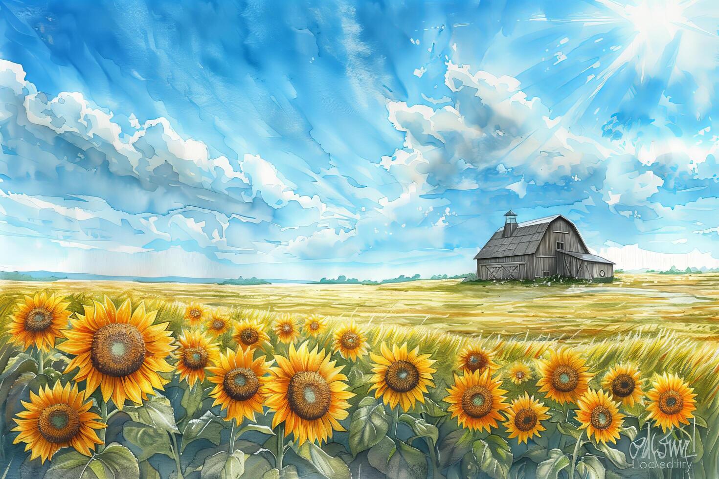 A painting of sunflowers and a barn photo