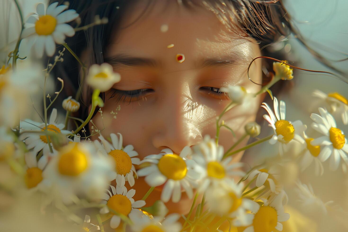 A girl is smelling some flowers photo