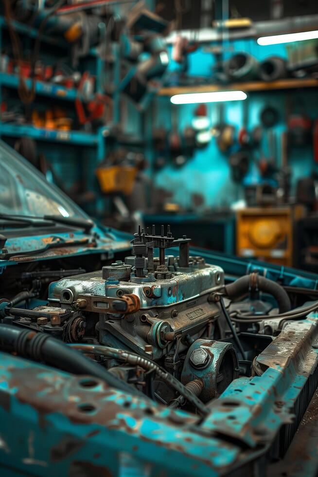 A rusty car engine in a garage photo