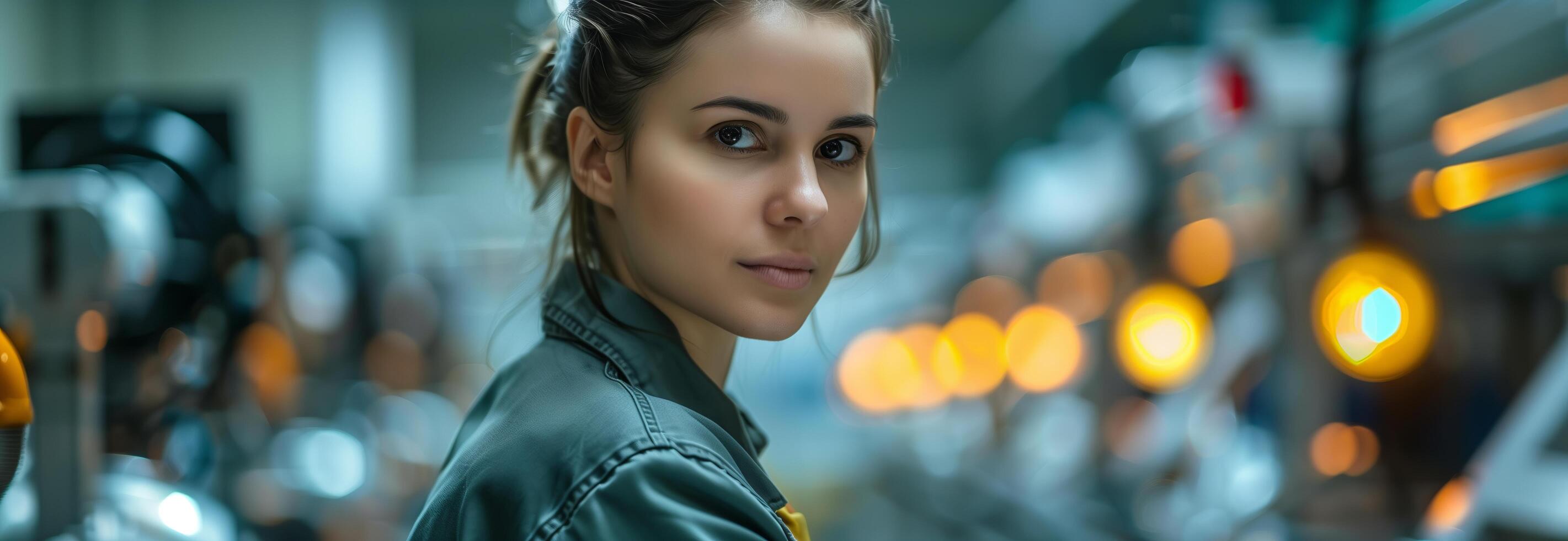 A woman in a factory looking at the camera photo