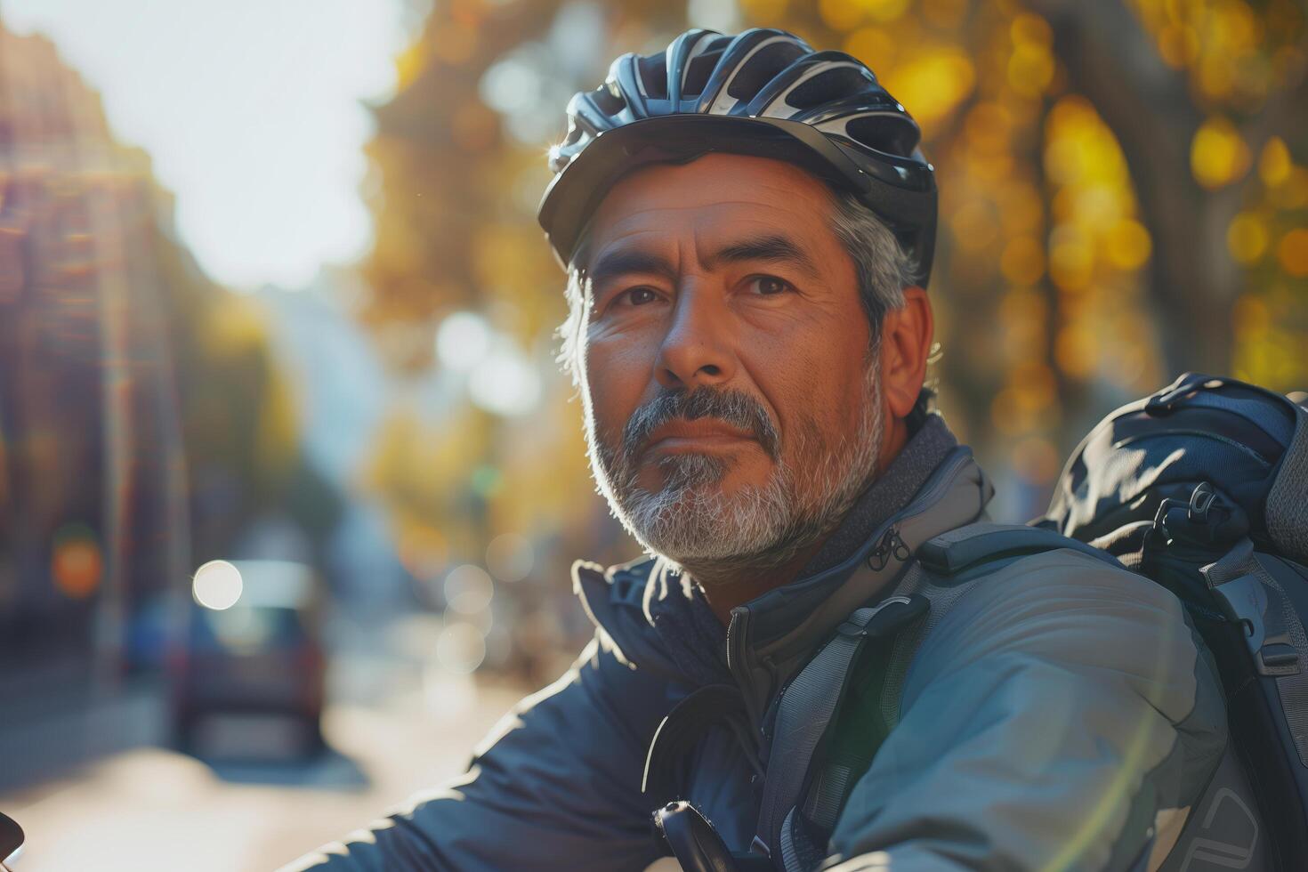 A man with a beard and helmet on a bicycle photo