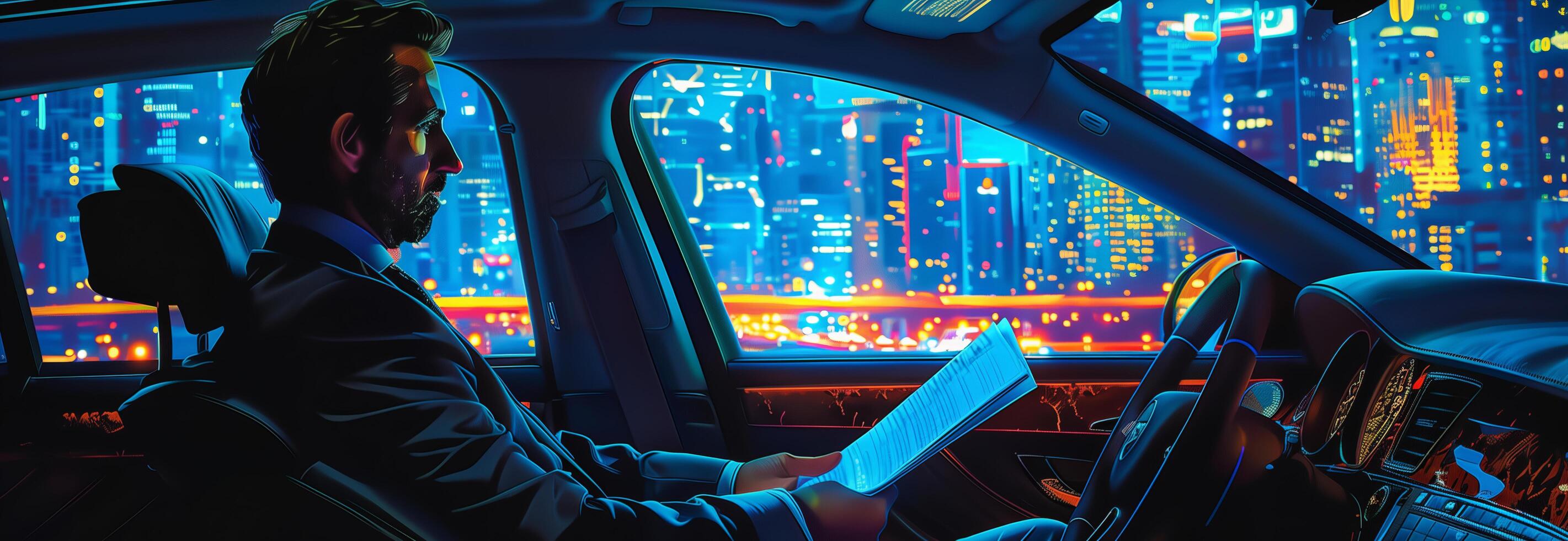 A man in a suit sitting in the driver's seat of a car with a cityscape in photo