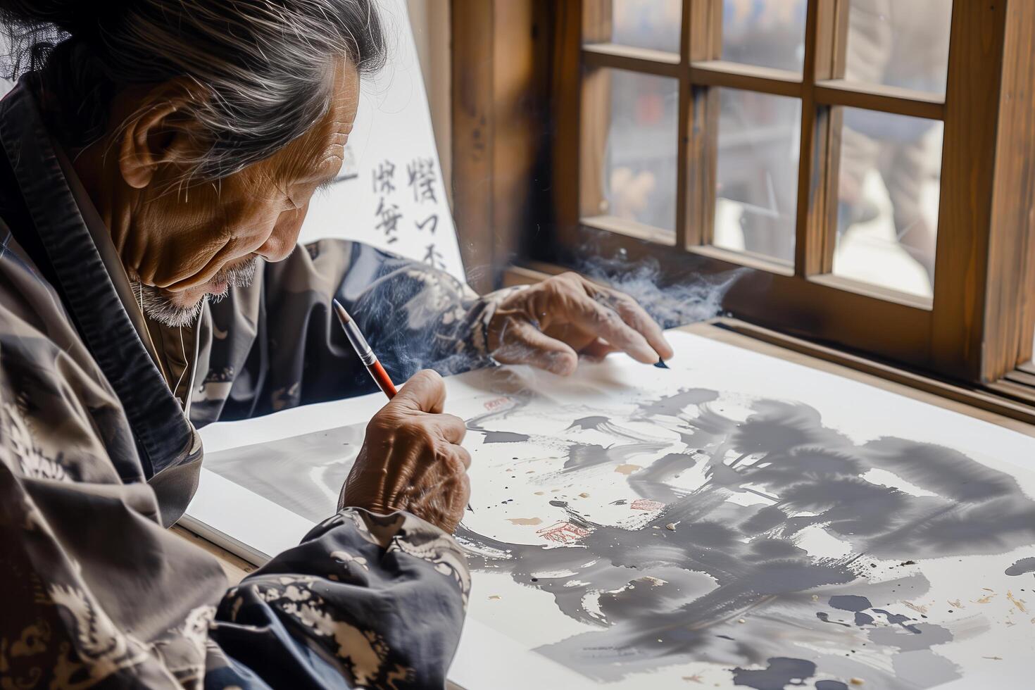 An old man is painting on a piece of paper photo