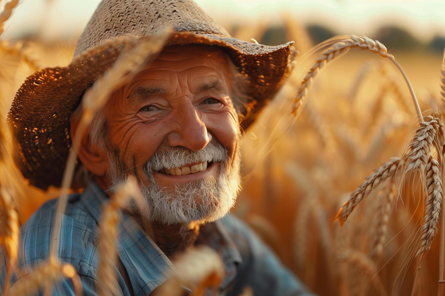 An older man in a straw hat smiles in a field of wheat photo