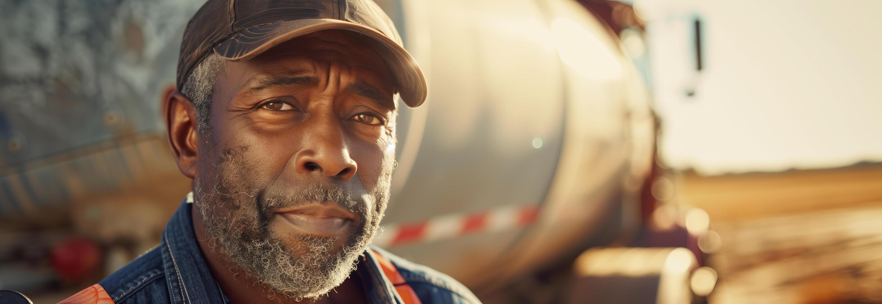 A man with a beard and hat standing in front of a tanker truck photo